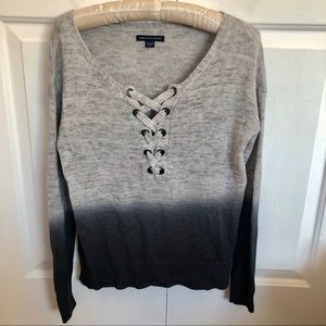 Lace-Up Ombré Long-Sleeve Sweater - Gray